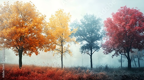 Four trees in fog with red, yellow, and orange leaves .
