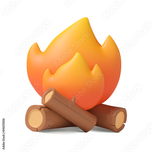 3d campfire with wooden logs. Bonfire in simple plastic style. Isolated vector cartoon element, flame illustration.