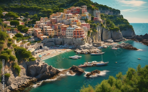 A beautiful seaside village with colorful buildings on a rocky coast with a beach and calm blue sea. photo