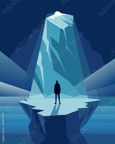 The surface of the iceberg gleamed in the light reflecting the stoic expression of the person above while hiding the turmoil within.. Vector illustration