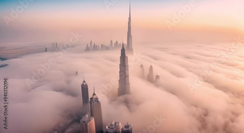 Aerial view of Dubai city center with skyscrapers submerged in fog