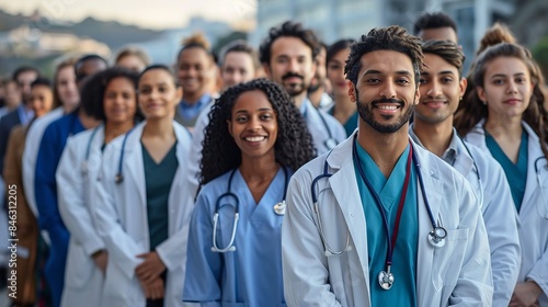A group of diverse doctors and nurses walk in a city street. They are all wearing white coats and stethoscopes, and they are smiling and looking confident