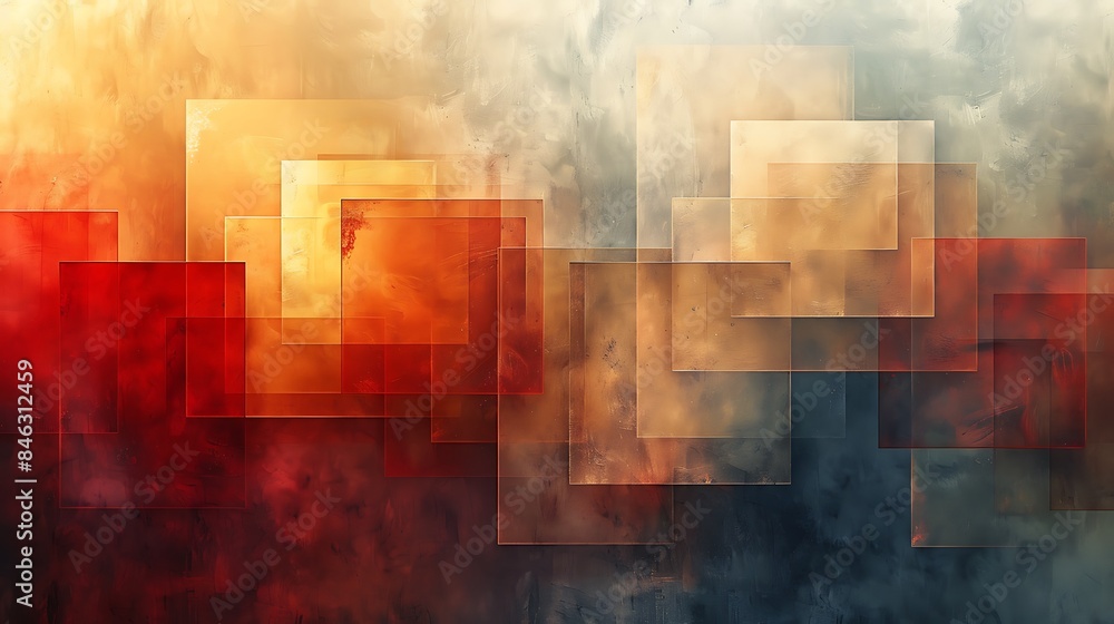 Naklejka premium An abstract background featuring layered squares with varying transparency, shades of brown and beige, hd quality, digital illustration, creating depth, geometric pattern, modern design.
