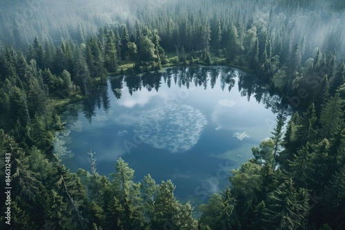 A large body of water surrounded by trees