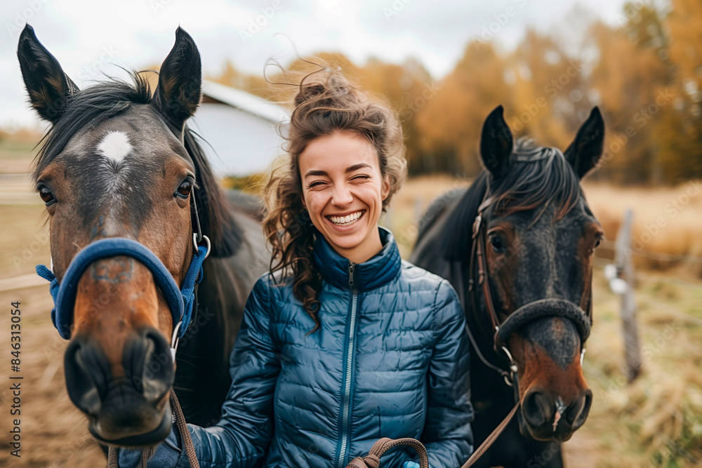 Obraz premium A happy young woman walking next to her horse 