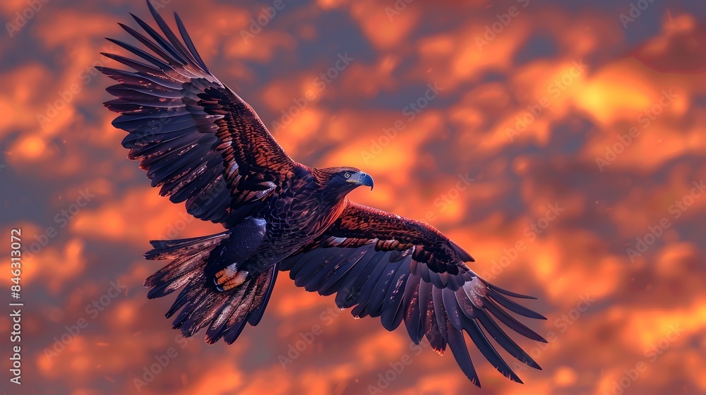 Fototapeta premium Majestic Eagle Soaring Against Vibrant Sunset Backdrop in Detailed Digital Painting