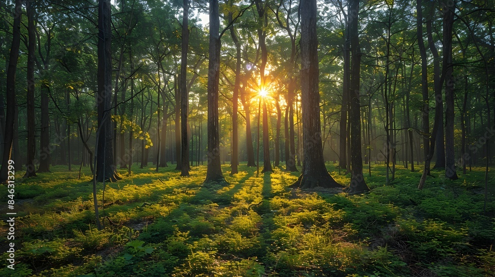 Fototapeta premium Mesmerizing Forest Dusk Scene with Interplay of Light and Shadow