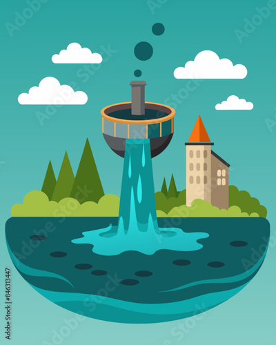 The overfilled reservoir emits a foul odor an unpleasant side effect of the excessive amount of sewage and garbage in its waters.. Vector illustration