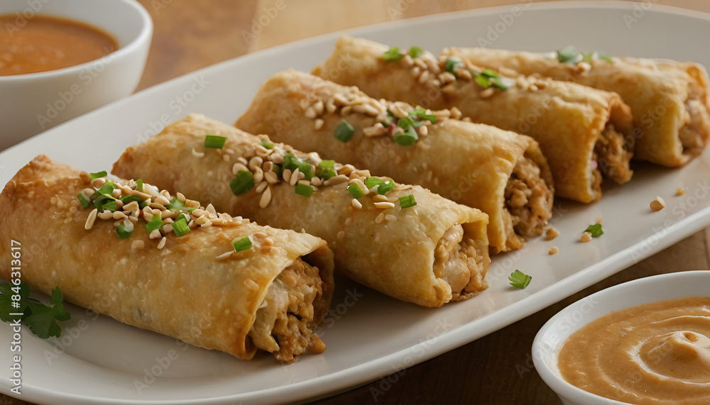 plate of crispy eggrolls with peanut dipping sauce on the side. plate of crispy eggrolls with peanut dipping sauce on the side.