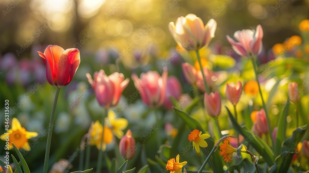 Spring garden filled with tulips and daffodils with soft sunlight and blur effect, dreamy bokeh Spring garden filled with tulips and daffodils with soft sunlight and blur effect, dreamy bokeh