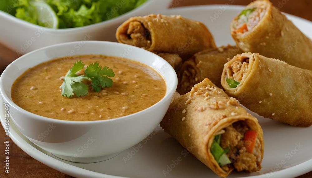 plate of crispy eggrolls with peanut dipping sauce on the side. plate of crispy eggrolls with peanut dipping sauce on the side.