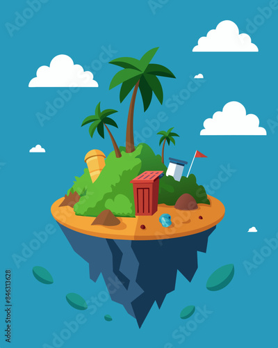From afar Trash Island may resemble a tropical paradise but upon closer inspection it becomes clear that it is a manmade monstrosity.. Vector illustration