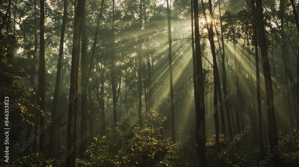 Fototapeta premium A dense forest with tall trees and sunlight filtering through the leaves.