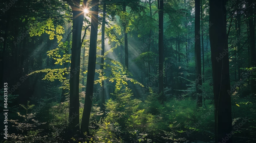 A dense forest with tall trees and sunlight filtering through the leaves. A dense forest with tall trees and sunlight filtering through the leaves.