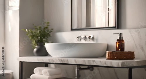 White bathroom interior with empty marble countertop for product display