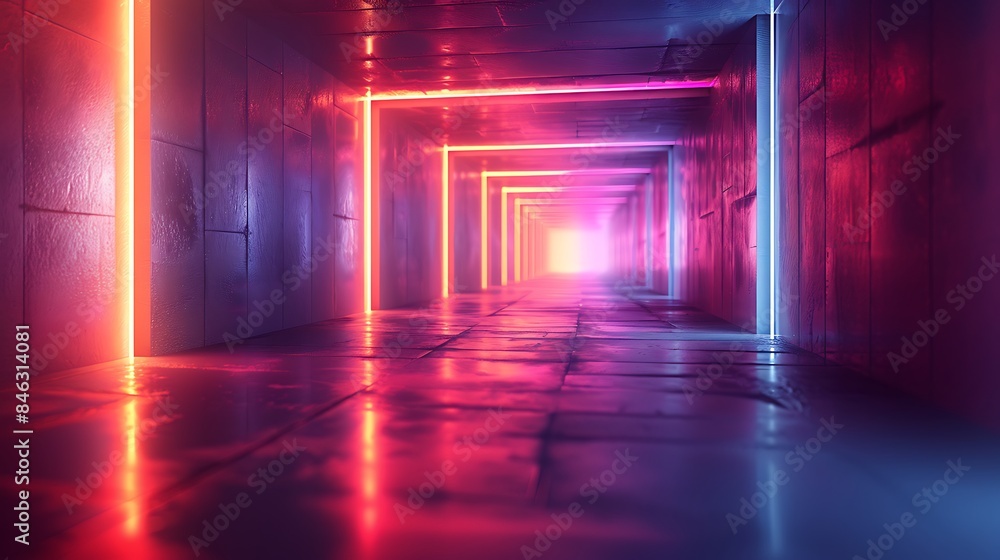 An abstract background featuring squares with a gradient overlay creating a tunnel effect, vibrant colors fading from blue to purple, hd quality, digital art, high contrast, geometric precision.