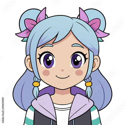 playful anime girl vector art with violet braids, accessorized with colorful bows, wearing a casual outfit including a hoodie and a heart-decorated denim vest, exuding a cheerful and lively energy