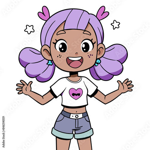 playful anime girl vector art with violet braids, accessorized with colorful bows, wearing a casual outfit including a hoodie and a heart-decorated denim vest, exuding a cheerful and lively energy