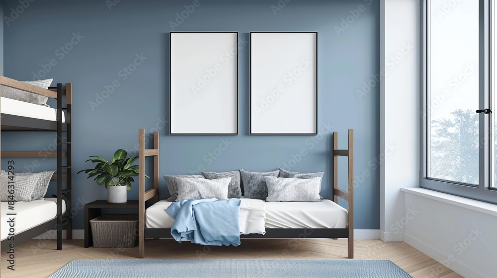 Bedroom with bunk bed, sofa and window. The room is very simple and clean, with an elegant wall color scheme and blank picture frames Bedroom with bunk bed, sofa and window. The room is very simple and clean, with an elegant wall color scheme and blank picture frames