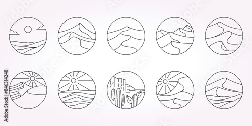 desert line art logo icon template vector illustration set bundle. Oasis Sahara design package