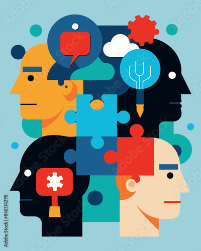 The figures thoughts resemble a chaotic jigsaw puzzle a result of the brainwashing techniques used on them.. Vector illustration