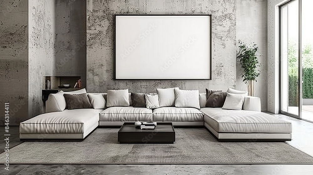 Large white sectional sofa becomes the center of the living room with white walls and empty photo frames accompanied by light coming in from the window Large white sectional sofa becomes the center of the living room with white walls and empty photo frames accompanied by light coming in from the window