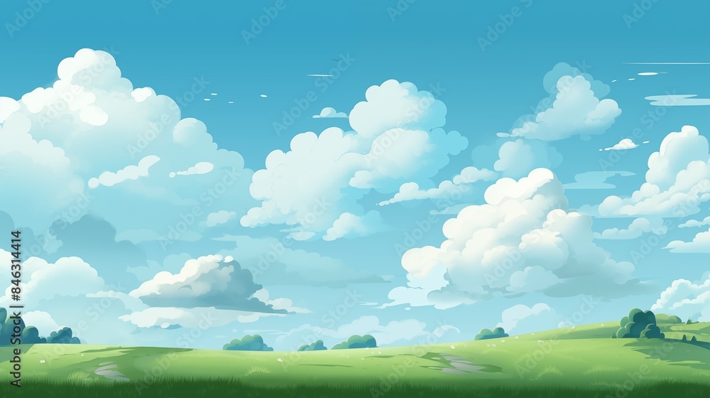 A serene landscape featuring a wide, grassy field with fluffy clouds against a bright blue sky. A serene landscape featuring a wide, grassy field with fluffy clouds against a bright blue sky.