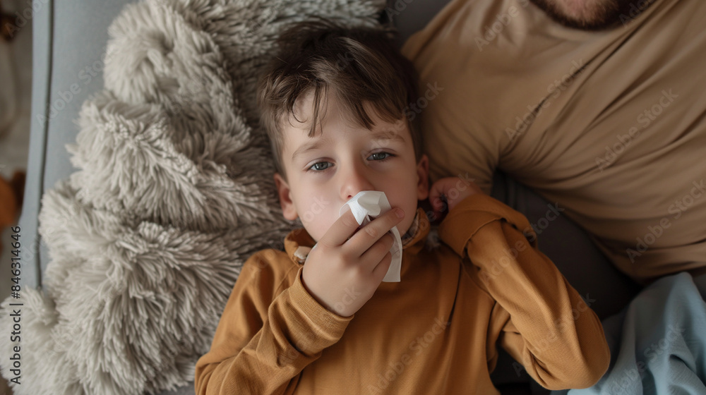 Sick Little Boy with Cold or Flu Lying on Sofa at Home with Caring Dad Blowing His Nose, Resting in Living Room Sick Little Boy with Cold or Flu Lying on Sofa at Home with Caring Dad Blowing His Nose, Resting in Living Room