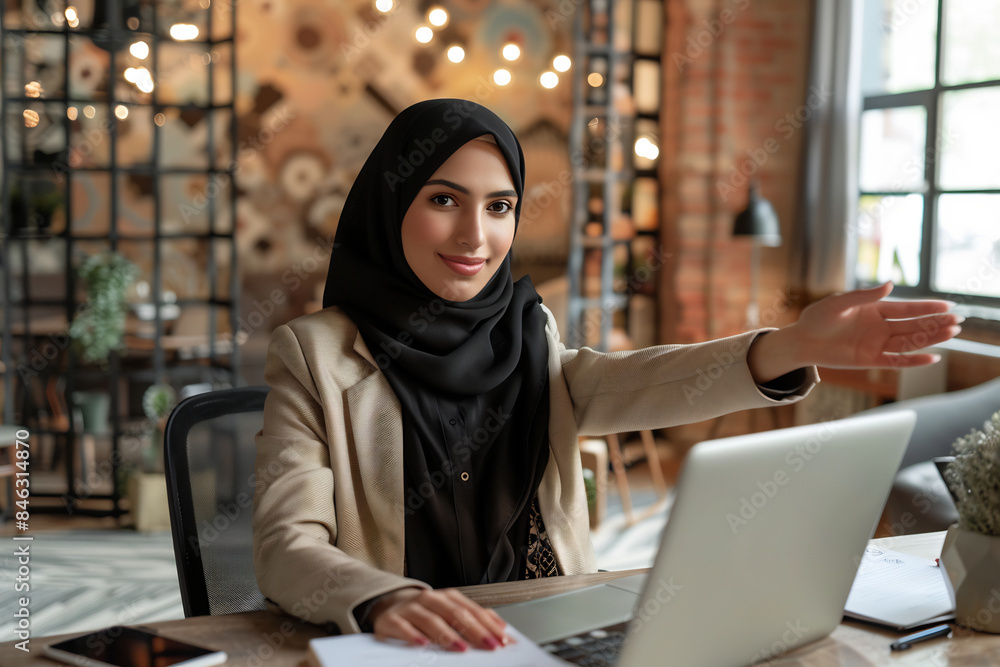 Smiling woman in a hijab working on a laptop in a stylish office with exposed brick walls and warm lighting, exuding confidence and professionalism Smiling woman in a hijab working on a laptop in a stylish office with exposed brick walls and warm lighting, exuding confidence and professionalism