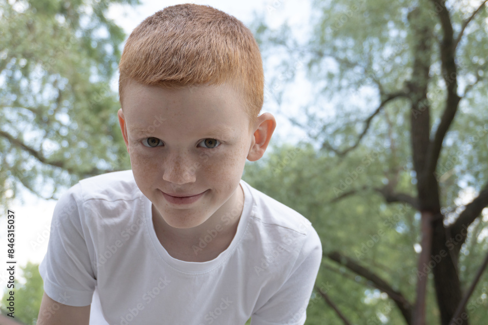 portrait of a red-haired boy against the background of the sky and trees portrait of a red-haired boy against the background of the sky and trees