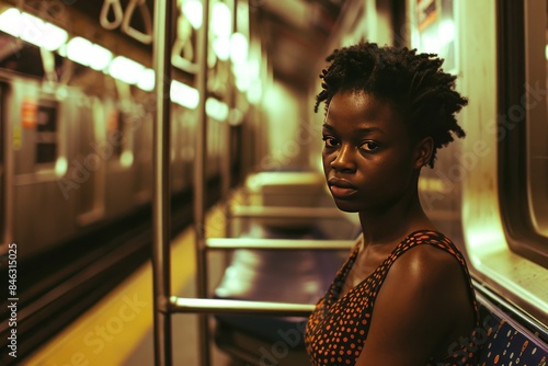 African woman with a serious face sits on a deserted metro train. Tired young female riding in a subway at late hours.