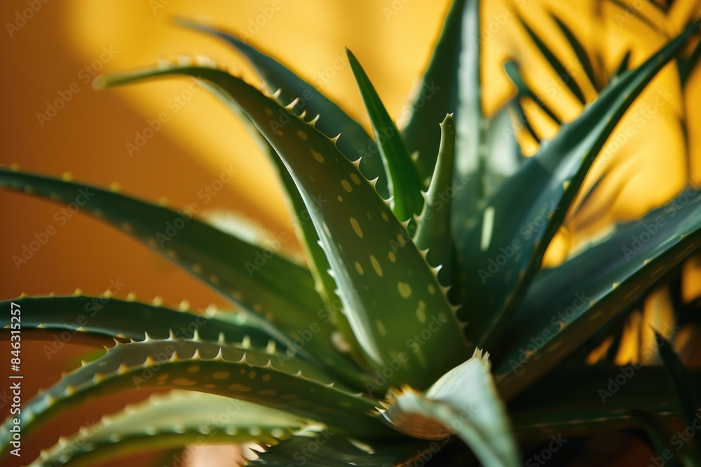 Aloe plant, green leaves with prickly thorns on a yellow background.