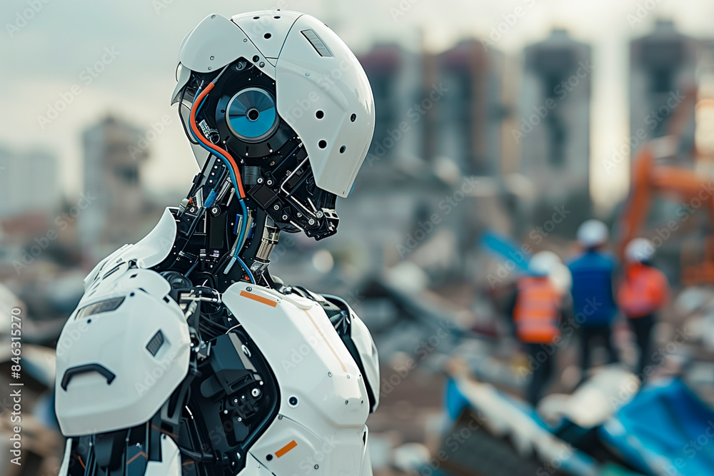 Humanoid Ai robot droid working alongside search and rescue teams in a disaster area
Humanoid Ai robot droid working alongside search and rescue teams in a disaster area