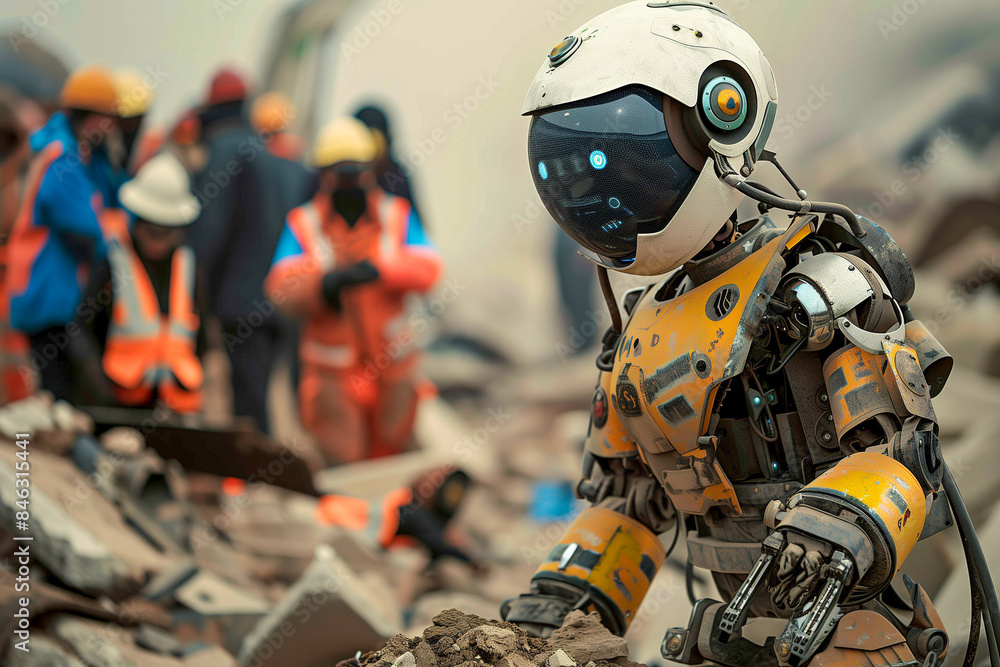 Humanoid Ai robot droid working alongside search and rescue teams in a disaster area
Humanoid Ai robot droid working alongside search and rescue teams in a disaster area