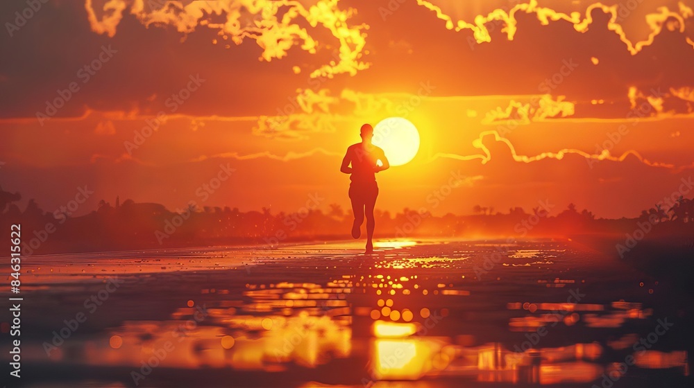 A dynamic rear view silhouette of a runner at sunset, with striking shadows A dynamic rear view silhouette of a runner at sunset, with striking shadows