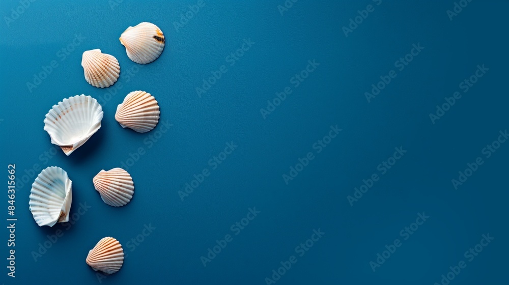 Seashells with underwater shadows on the blue background close up macro Seashells with underwater shadows on the blue background close up macro