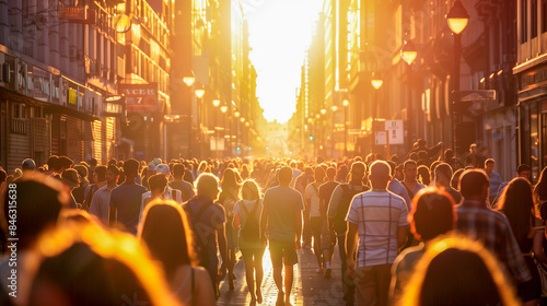 Commuters walking to work in a very crowded city street at sunrise 