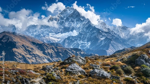 A mountain landscape with snow-capped peaks and a clear sky.