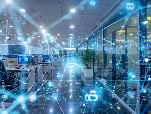 illustration of wireless network waves or wifi in an office room with a technological and futuristic concept