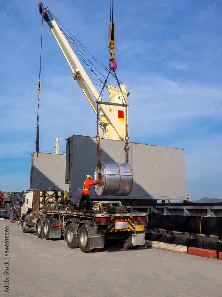 Loading of hot rolled steel coils on board of cargo ship using braided wire slings and heavy crane. Loading of hot rolled steel coils on board of cargo ship using braided wire slings and heavy crane.