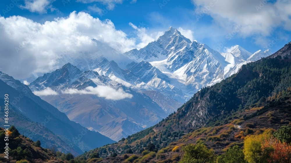 A mountain landscape with snow-capped peaks and a clear sky. A mountain landscape with snow-capped peaks and a clear sky.