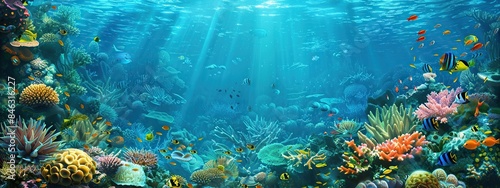 Panel kuchenny z motywem Beautiful underwater scene with many different types of fish and coral. The colors are vibrant and the sunlight is shining through the water, creating a peaceful and serene atmosphere