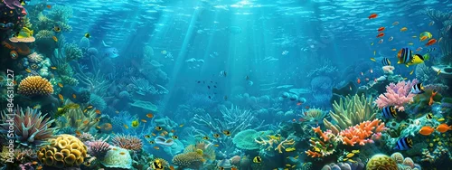 Panel kuchenny z motywem Beautiful underwater scene with many different types of fish and coral. The colors are vibrant and the sunlight is shining through the water, creating a peaceful and serene atmosphere