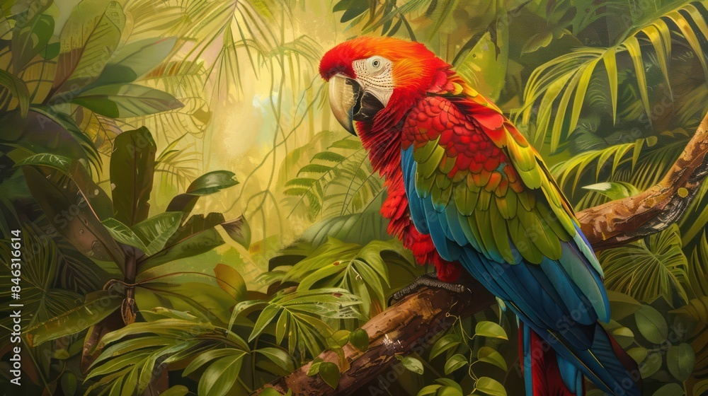 Obraz premium Beautiful exotic parrot in the middle of a tropical rainforest