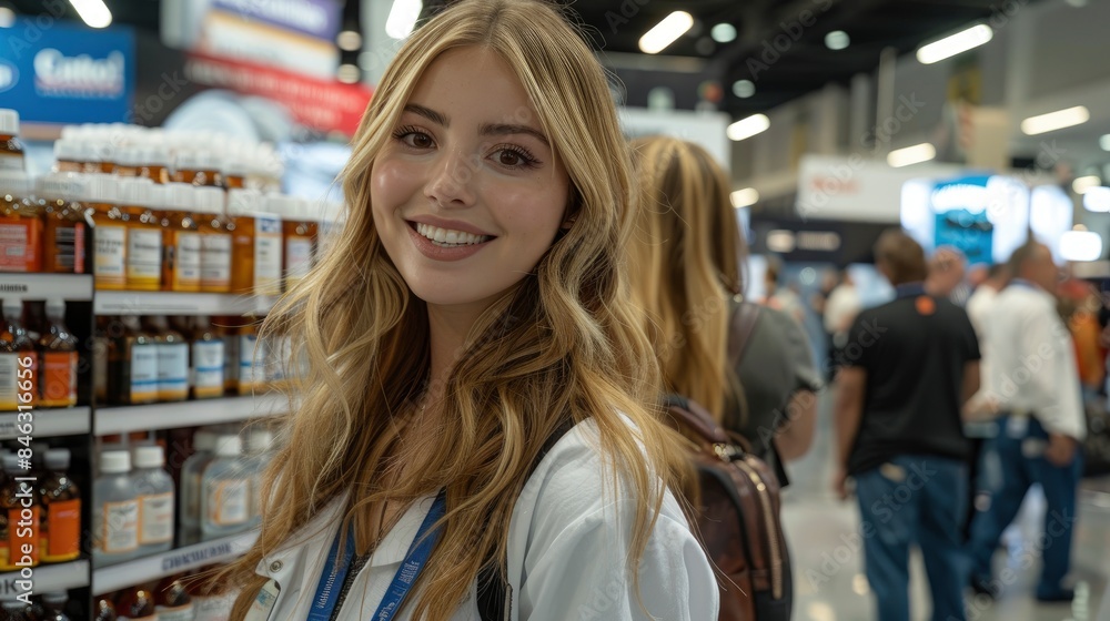 An Enthusiastic Salesperson At A Health Expo, Passionately Promoting Wellness Products An Enthusiastic Salesperson At A Health Expo, Passionately Promoting Wellness Products