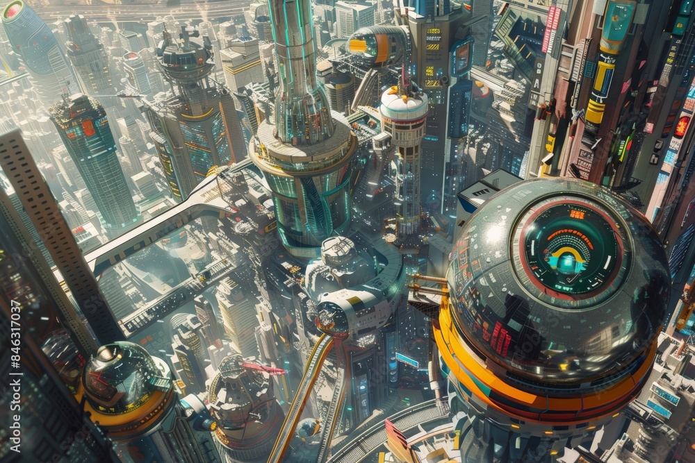 Fototapeta premium Aerial view of a futuristic city with advanced architecture, tall skyscrapers, and flying vehicles, representing a sci-fi urban landscape.