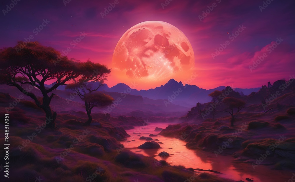 A large red moon rises over a desert landscape. A large red moon rises over a desert landscape.