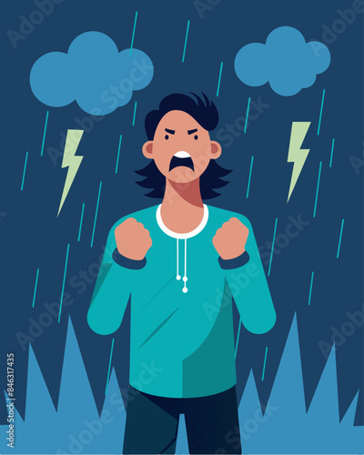 With clenched fists and a pained expression a person stands in the pouring rain their silent screams ly heard over the sound of thunder.. Vector illustration