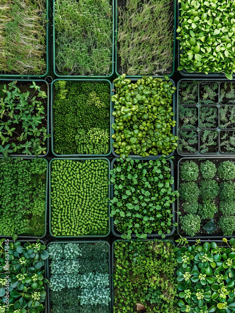 A top-down view of a microgreen farm featuring trays filled with different types of microgreens. The lush greenery is arranged in rows, showcasing a vibrant and healthy harvest. Generative AI A top-down view of a microgreen farm featuring trays filled with different types of microgreens. The lush greenery is arranged in rows, showcasing a vibrant and healthy harvest. Generative AI