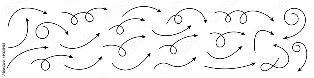 Collection of curved arrows. Set simple curved hand drawn arrows. Collection of pointers. Collection of curved arrows. Set simple curved hand drawn arrows. Collection of pointers.